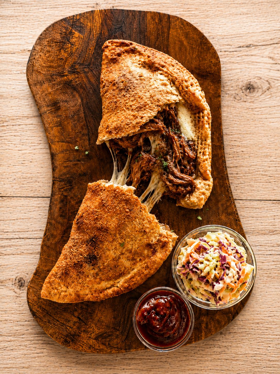 Calzone — cheese-laced dough pocket with melted filling on display